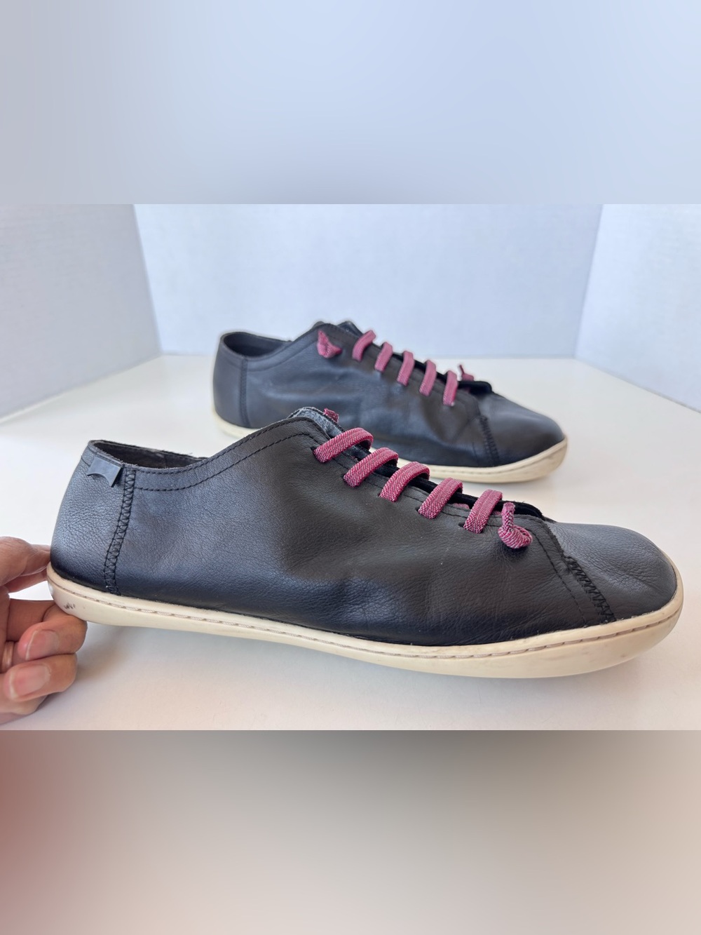 Camper Peu Black Leather Elastic Lace Sneakers Walking Shoes Mens Size 42